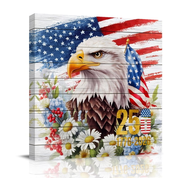 Patriotic Bald Eagle Canvas Wall Art for Living Room, USA Flag Flower Anniversary Poster Print Painting for Bedroom Office Home Decoration Wall Pictures Prepare To Hang 8"x8"