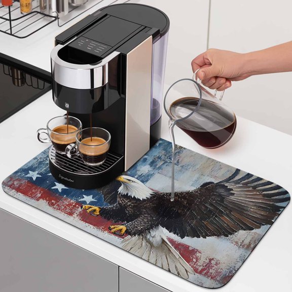 Patriotic Bald Eagle Dish Drying Mats for Kitchen Counter, Retro American Flag Independence Day Absorbent Coffee Bar Mat with Non-slip Rubber Backed Quick Drying Dish Rack Pad 12"x16"