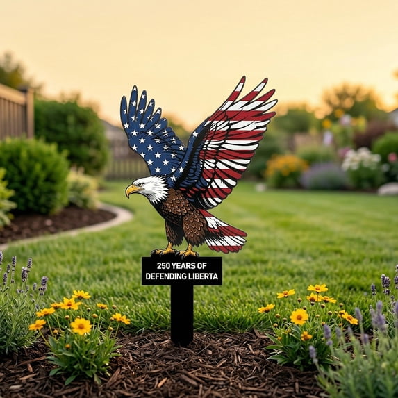 Patriotic Bald Eagle Garden Decor,Metal Yard Stake with American Flag Wings,Red White Blue Outdoor Lawn Ornament for Memorial Day, 4th of July, Veterans Soldiers Tribute,11.82"x6.8"