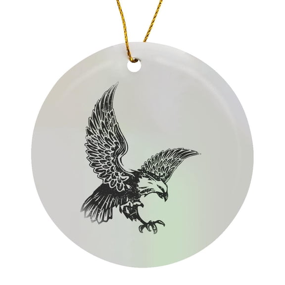 3drose, Patriotic Bald Eagle in Flight Black and White Grunge Effect, Circle Porcelain Ornament