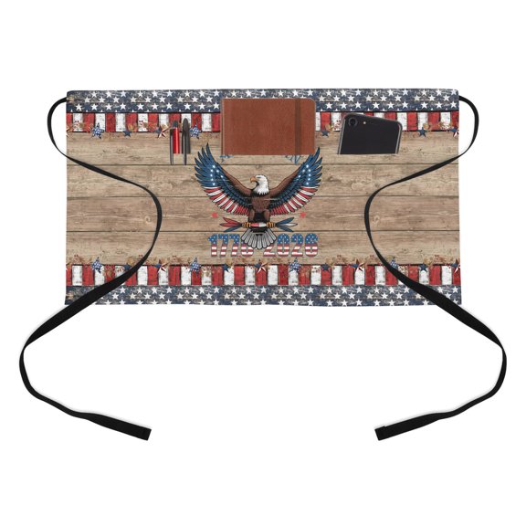 Patriotic Bald Eagle Kitchen Restaurant Half Waist Apron, Rustic Wood 1776-2026 Independence Day Server Short Apron with 3 Pockets Waterproof Oil Waist Aprons for Women Waitress Waiter