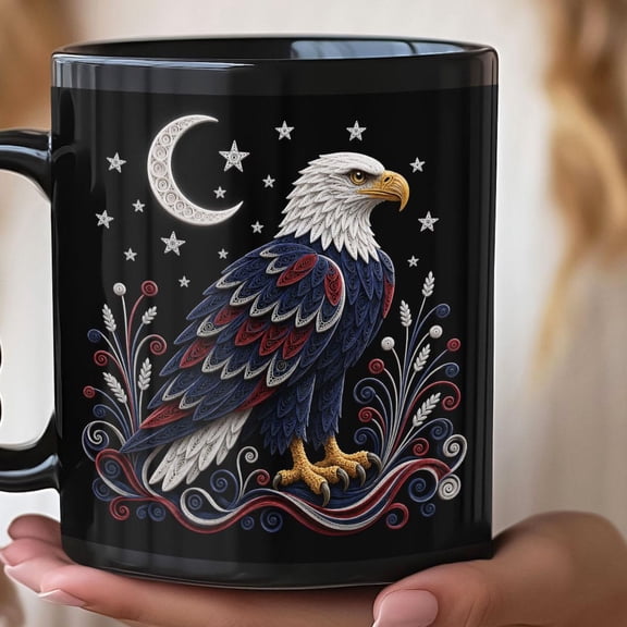 Patriotic Bald Eagle Night Moon Mug | Faux Quilled Look, Black Ceramic Coffee Cup, 250 years anniversary, Fourth of July, Red white and blue