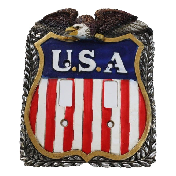 Patriotic Bald Eagle On USA Flag Crest Wall Double Toggle Switch Plates Set