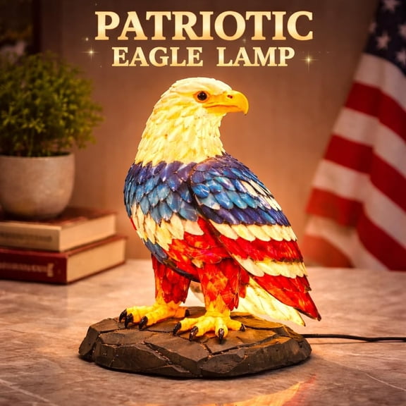 Patriotic Bald Eagle Stained Glass Table Lamp, Red White Blue American Flag LED Night Light, 4th of July Decorative Desk Lamp, Patriotic Home Decor Gift for Veterans & Patriots