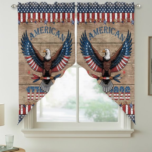Patriotic Bald Eagle Swag Kitchen Curtain Valances, Rustic Wood 1776-2026 Independence Day Rod Pocket Curtains Window Treatment Decor Valances for Bedroom Bathroom, 2 Panels 36 x 63 Inch