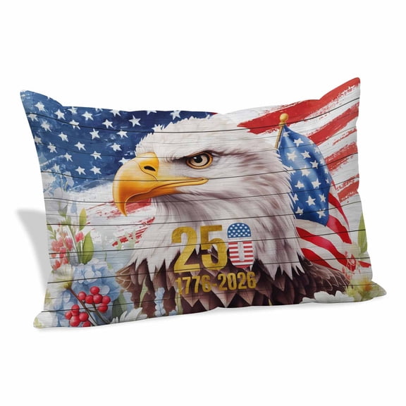 Patriotic Bald Eagle Throw Pillow Covers, USA Flag Flower Anniversary Decorative Lumbar Throw Pillowcase Cushion Cover with Smooth Hidden Zipper for Bedroom Sofa 20 x 26 Inches