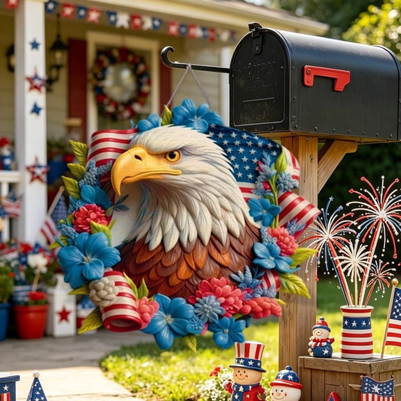Patriotic Bald Eagle Wall Decor, American Flag Floral Wreath Hanging Sign, 3D Relief Wooden Door Plaque for Independence Day Porch Home Decoration, 11.81 Inch Round Ornament