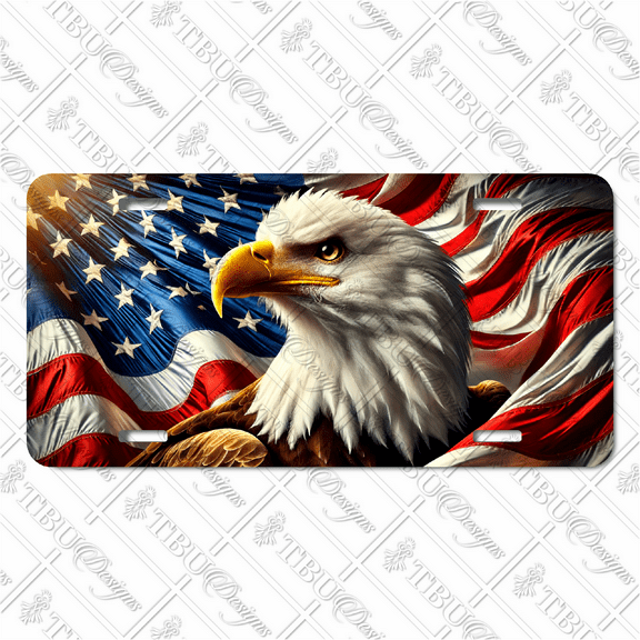 Patriotic Bald Eagle and American Flag Aluminum License Plate Bold Sublimation Print for Cars, Trucks, and Decorative Use