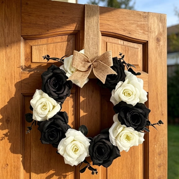Black White Artificial Rose Wreath with Burlap Bow,Vintage Halloween Floral Door Wreath for Front Door,Wall,Porch,Fence,Elegant Spooky Fall Decor