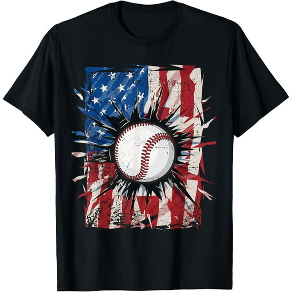 Patriotic Baseball 4th Of July Men USA American Flag Boys T-Shirt Tops Tee