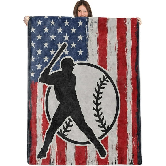 Patriotic Baseball Blanket,60x50 Inch,Cozy Flannel Throw with American Flag Batter Silhouette Design,Soft Lightweight Gifts Blankets for Kids,Sofa Bed Travel Living Room Red White and Blue Decor