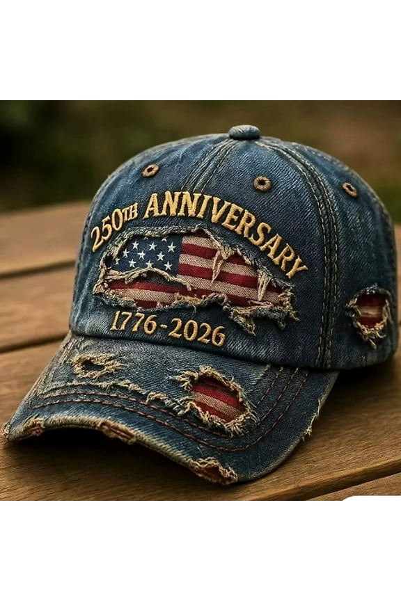 Patriotic Baseball Cap, Distressed Denim Hat with 250th US Anniversary Embroidery 1776-2026, Adjustable American Flag Vintage Cap for Men Women, Parade July 4th National Holiday Gift Blue