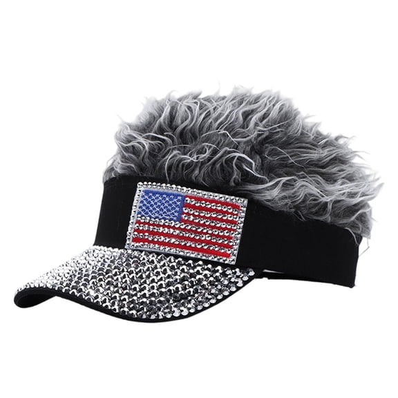Patriotic Baseball Cap With Wig Rhinestone USA Flag Sunshade Hat For Adult Party Everyday Wear Gray 8.6 Inch