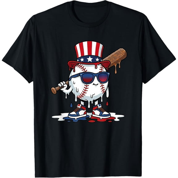 Patriotic Baseball Drip Independence Day Uncle Sam Graphic T-Shirt
