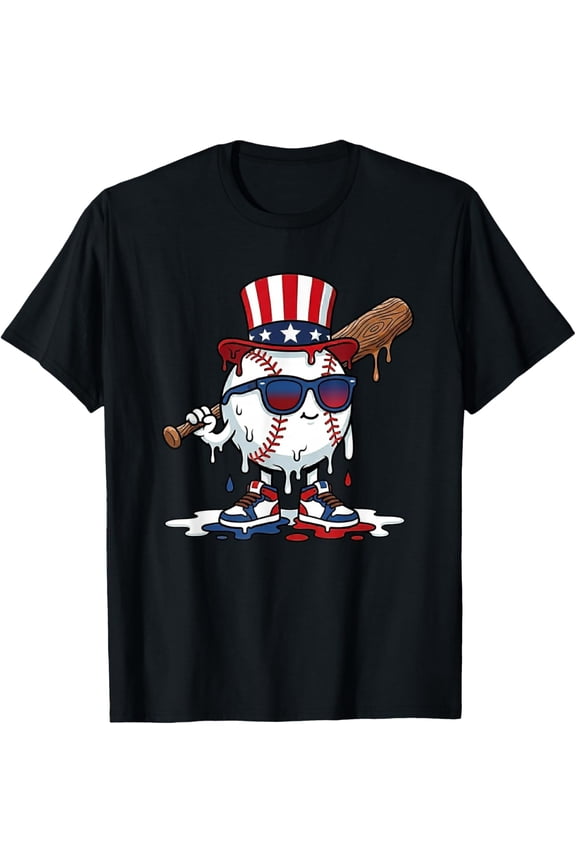 Patriotic Baseball Drip Independence Day Uncle Sam Graphic T-Shirt