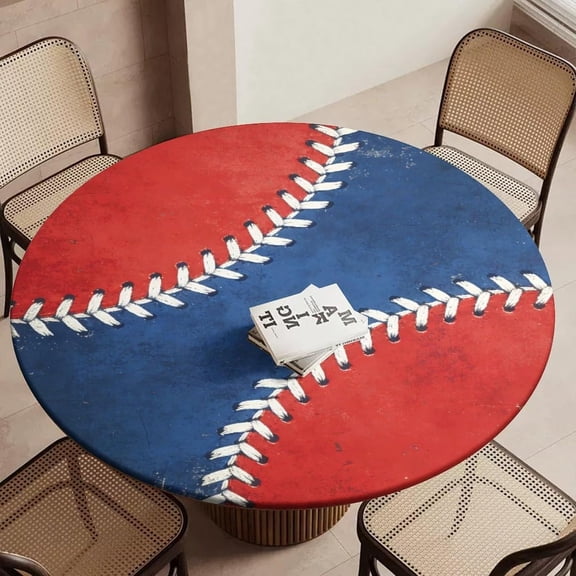 Patriotic Baseball Lace Round Fitted Tablecloth 40"-44" Washable Table Cloth Polyester Table Cover with Elastic Edge Independence Day Decoration Tablecloth for Dining Wedding Party Banquet
