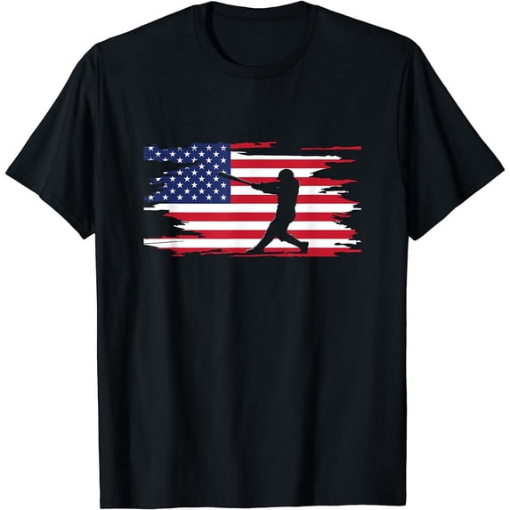 Patriotic Baseball T-Shirt Distressed American Flag USA Sports Graphic Tee Retro Vintage Style Batting Silhouette Men's Women's Cotton Apparel