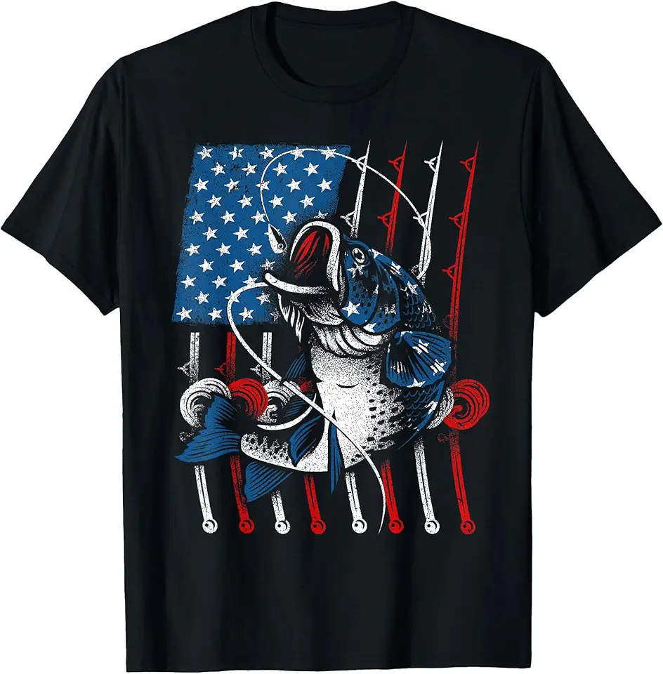 Patriotic Bass Fishing American Flag Graphic T-Shirt for Men Women