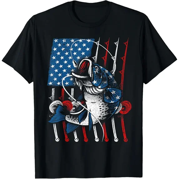Patriotic Bass Fishing American Flag Graphic T-Shirt for Men Women