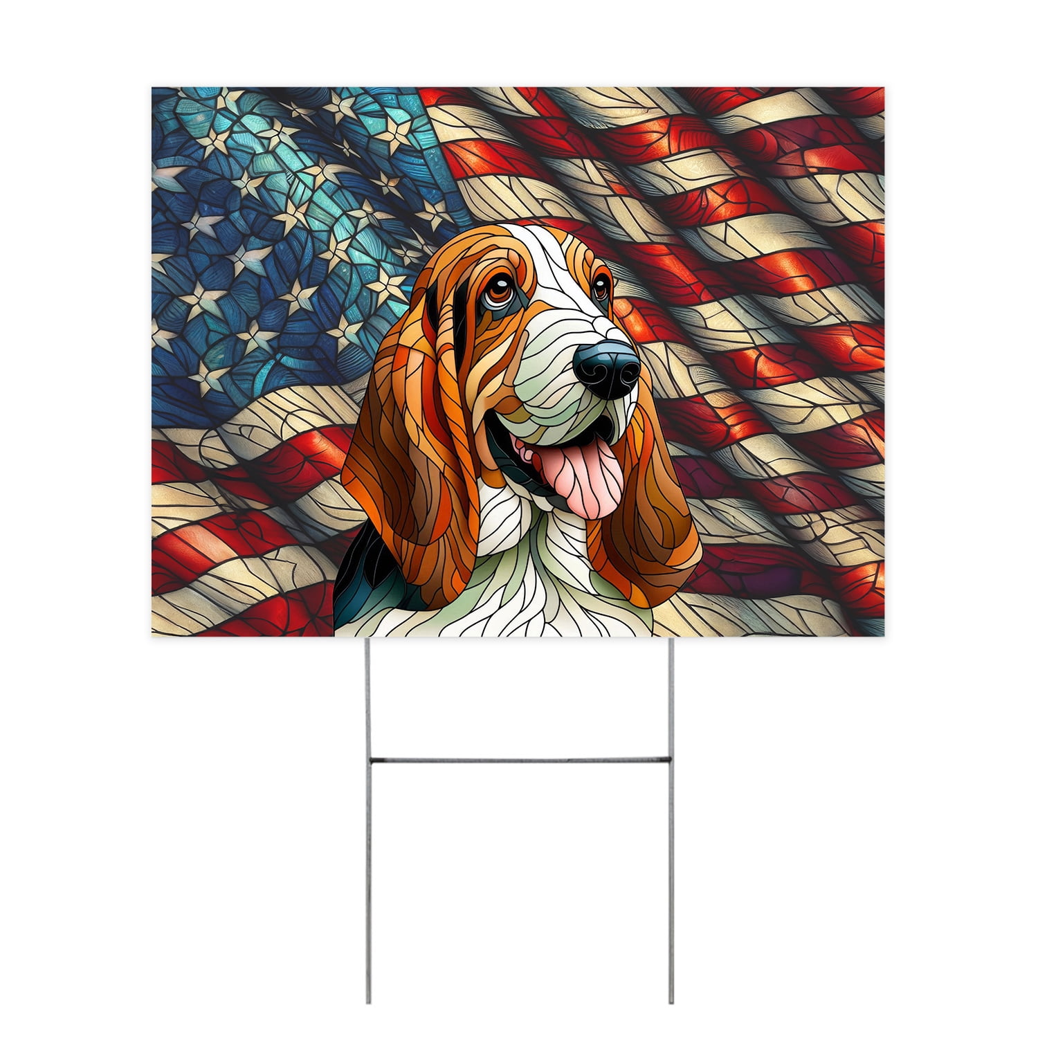Patriotic Basset Hound Stained Glass Portrait American Flag Yard Sign ...