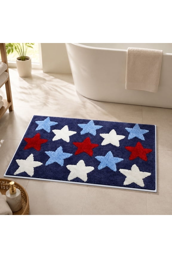 Patriotic Bath Mat 24x16inch, Red White Blue Star Design Non Slip Bathroom Rug for 4th of July, Soft Absorbent Doormat for Kitchen Entryway, Machine Washable Holiday Decor for Home and Party
