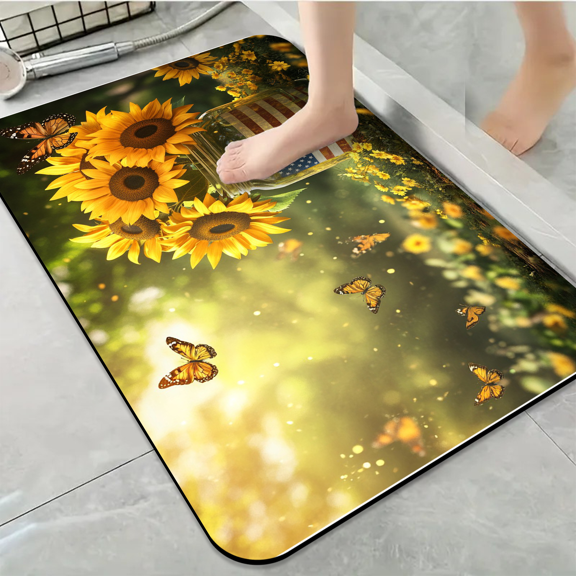 Patriotic Bath Rug Independence Day Sunflowers in a Jar Decorative Bathroom Mat Memorial Day Absorbent Flannel Rug,Non Slip Washable Indoor/outdoor Use,Floor Mats Home Festival Decor 16x24 Inch