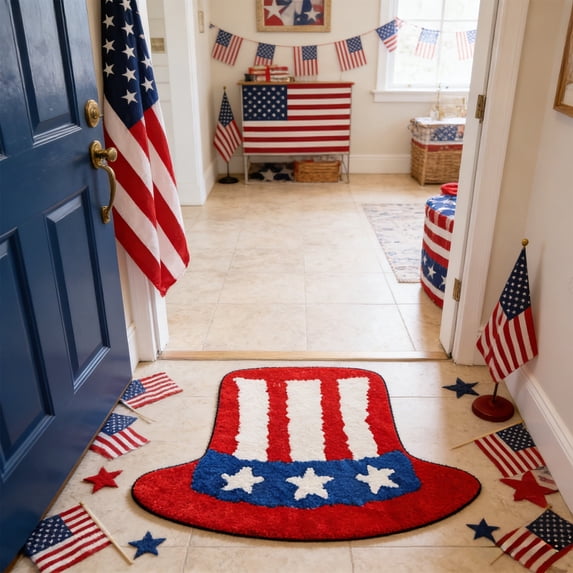 Patriotic Bathroom Rug, Absorbent American Flag Red White Blue Star & Stripe Tufted Bath Mat, Non-Slip 4th of July Shower Rug for Independence Day, Home Entrance, Front Door, Living Room & Kitchen