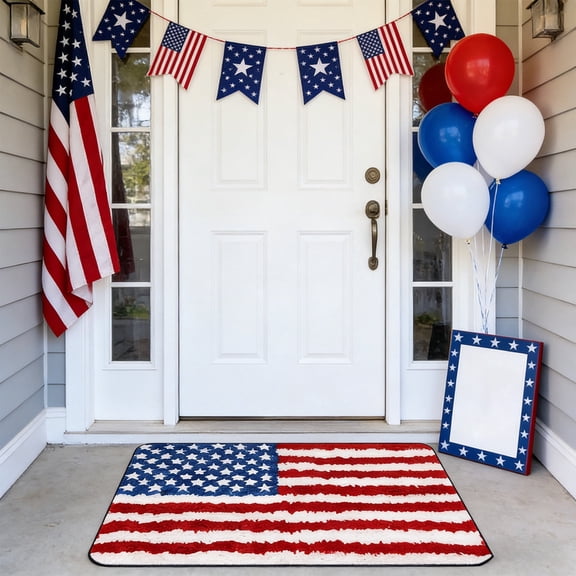 Patriotic Bathroom Rug, Absorbent American Flag Red White Blue Star & Stripe Tufted Bath Mat, Non-Slip 4th of July Shower Rug for Independence Day, Home Entrance, Front Door, Living Room & Kitchen