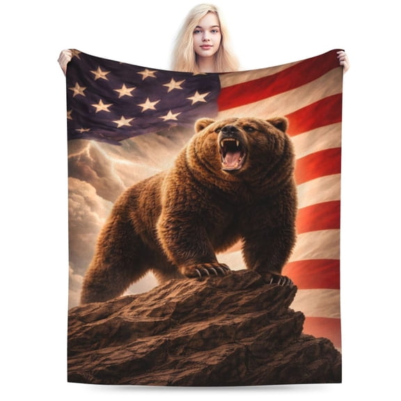 Patriotic Bear Throw Blanket, American Flag Wildlife Art Design, Soft Warm Fleece Blanket for Sofa, Bed, Living Room Home Decor 50x40