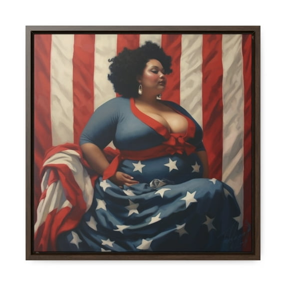 "Patriotic Beauty: Woman with American Flag" - Framed Canvas Wrap