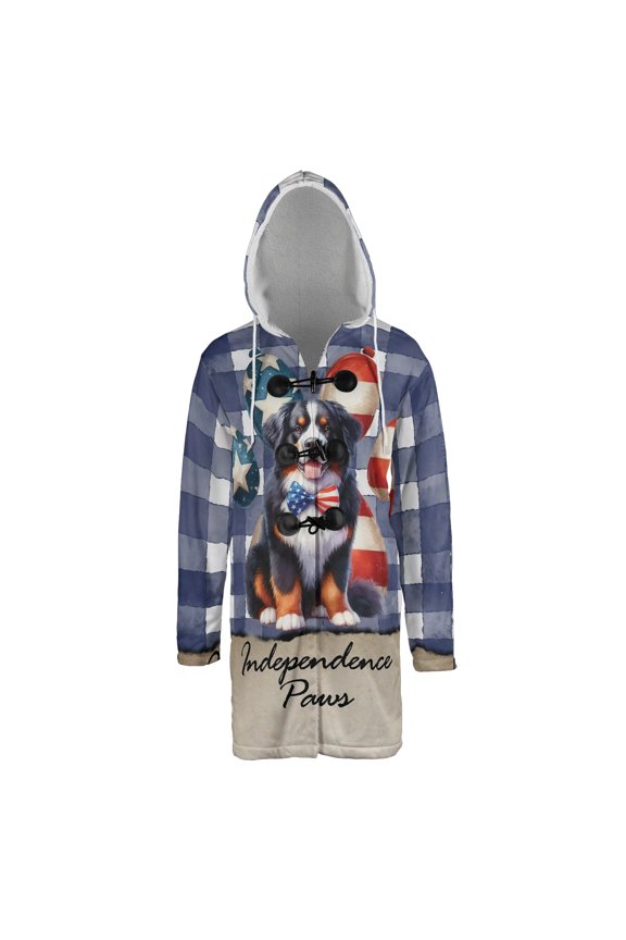 Patriotic Bernese Mountain Dog 4th of July Independence Paws All Over Print 3D Hooded Duffle Toggle Coat Berner Lover Gifts - 02010