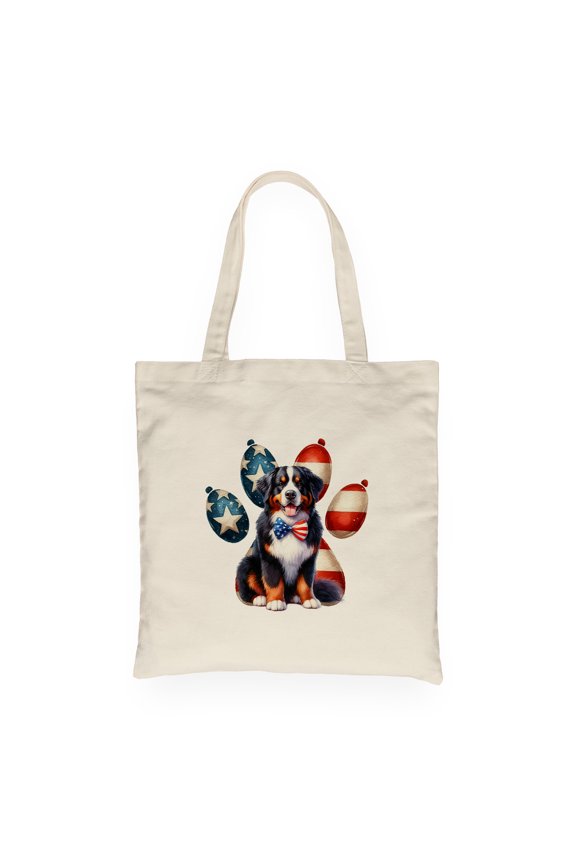 Patriotic Bernese Mountain Dog 4th of July Independence Paws Canvas Tote Bag Berner Lover Gifts Reusable Shopping Grocery Bag - 02010