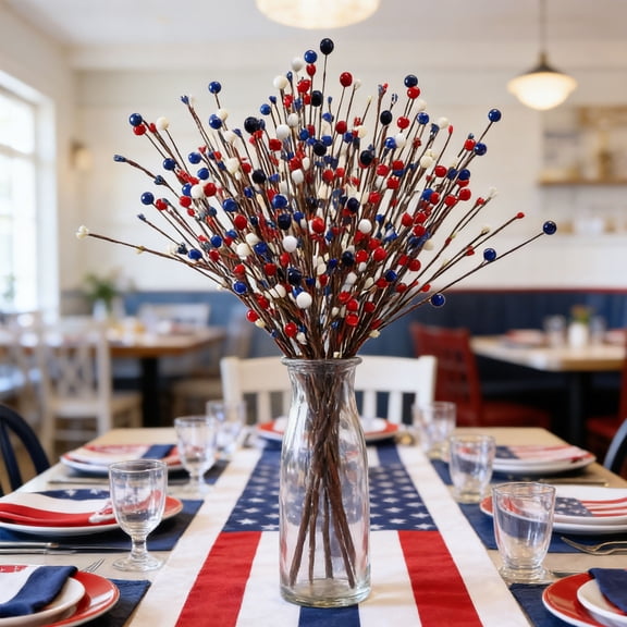 Patriotic Berry Branch, Red Blue White Color Ball Floral Pick, USA Independence Day Decor Accessory, Artificial Berry for Vase Wreath and Home Decor
