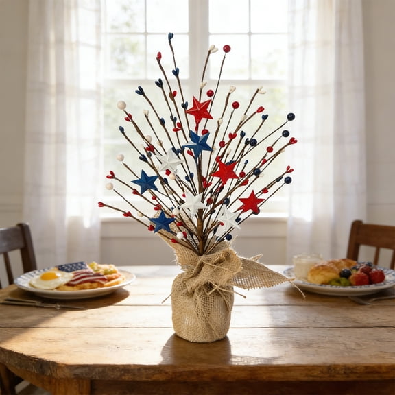 Patriotic Berry Table Tree with Burlap Base, 4th of July Centerpieces Red White Blue Star Table Decoration, Independence Day Artificial Flower Tree Faux Berry Stems for Tabletop Decor