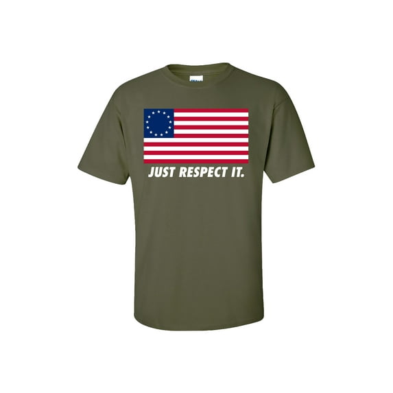 Patriotic Betsy Ross American Flag Just Respect It Adult Short Sleeve T-Shirt-Military Green-4XL