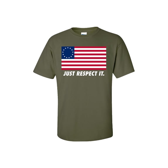 Patriotic Betsy Ross American Flag Just Respect It Adult Short Sleeve T-Shirt-Military Green-5XL