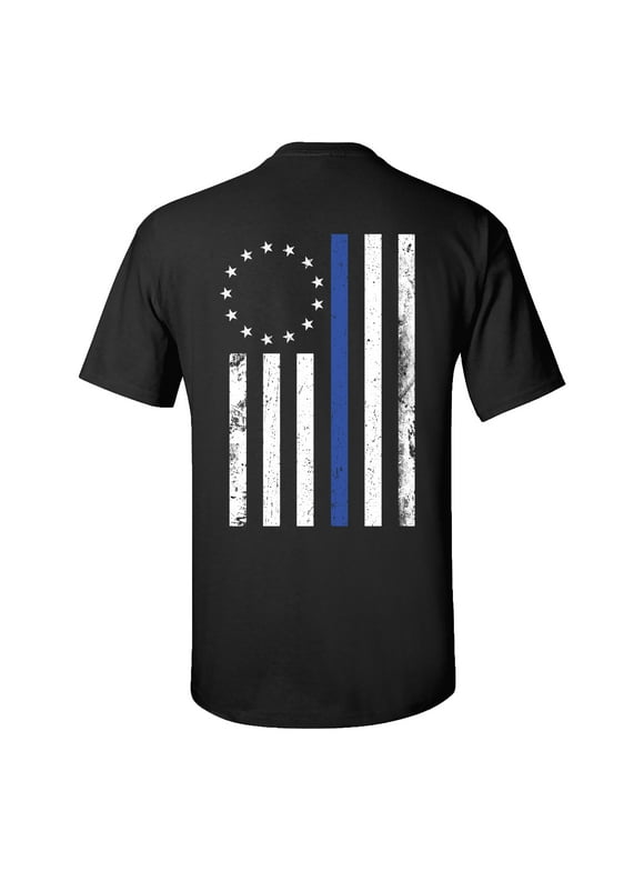 Patriotic Betsy Ross Blue Line Flag Adult Short Sleeve T-Shirt-Black-Small