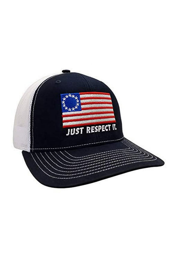 Patriotic Betsy Ross Flag Just Respect It Embroidered Trucker Mesh Snapback Hat-Navy/White Mesh