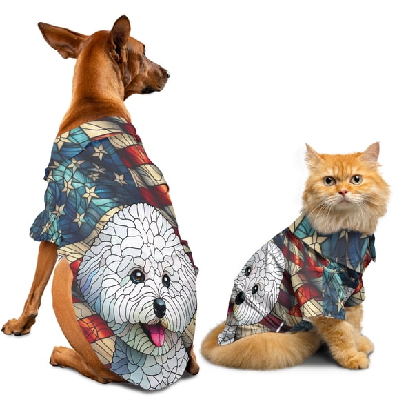 Patriotic Bichon Frise Stained Glass Portrait American Flag Hawaiian Summer Shirt for Small Medium Large Dog Cat Bichons Dog Lovers Gifts Idea - 01010
