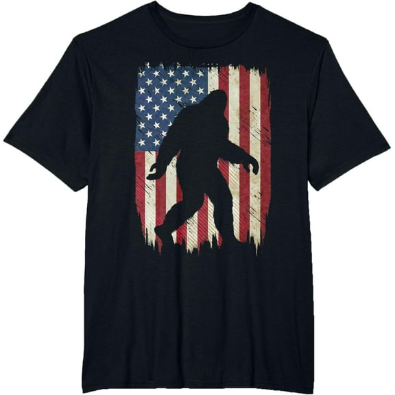Patriotic Bigfoot 4th of July American Flag Funny Sasquatch T-ShirtMen's and women's gift, black and white T-shirt, size: Extra large S-4XL