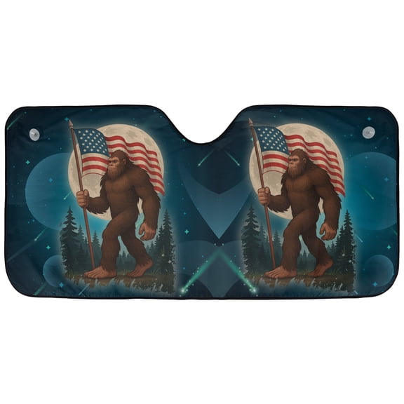 Patriotic Bigfoot American Flag Car Sunshade – Sasquatch USA Moon Night Windshield Sun Shade, Funny Patriotic Auto Sunshade