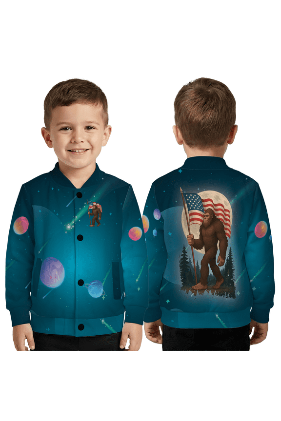 Patriotic Bigfoot Baseball Jacket – American Flag Sasquatch Graphic Baseball Jacket, Space Galaxy Style Unisex Outerwear
