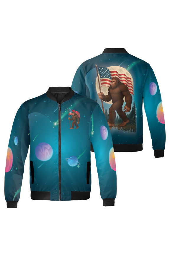 Patriotic Bigfoot Bomber Jacket - Funny Space USA Flag Sasquatch Outerwear - Unisex American Pride Zip-Up Coat