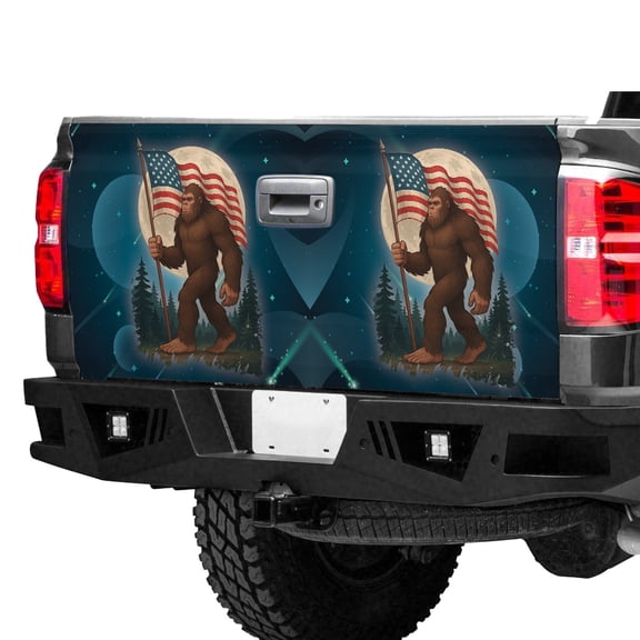 Patriotic Bigfoot Tailgate Wrap – American Flag Sasquatch Pickup Truck Tailgate Vinyl Decal, USA Patriotic Truck Graphic