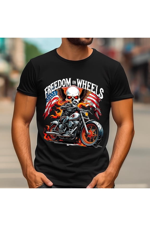 Patriotic Biker Rider Graphic Tee, Freedom on Wheels Flaming Skull Motorcycle Shirt, Hardcore Chopper Rider Gift, Unisex Cotton T-Shirt, Size S-5XL