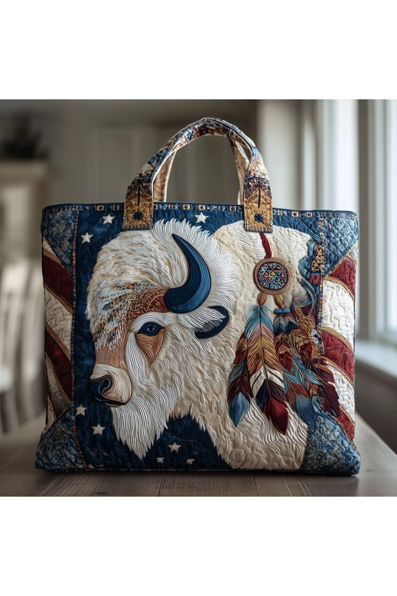 Patriotic Bison Quilted Tote Bag, Rustic Western Carryall for Nature Lovers