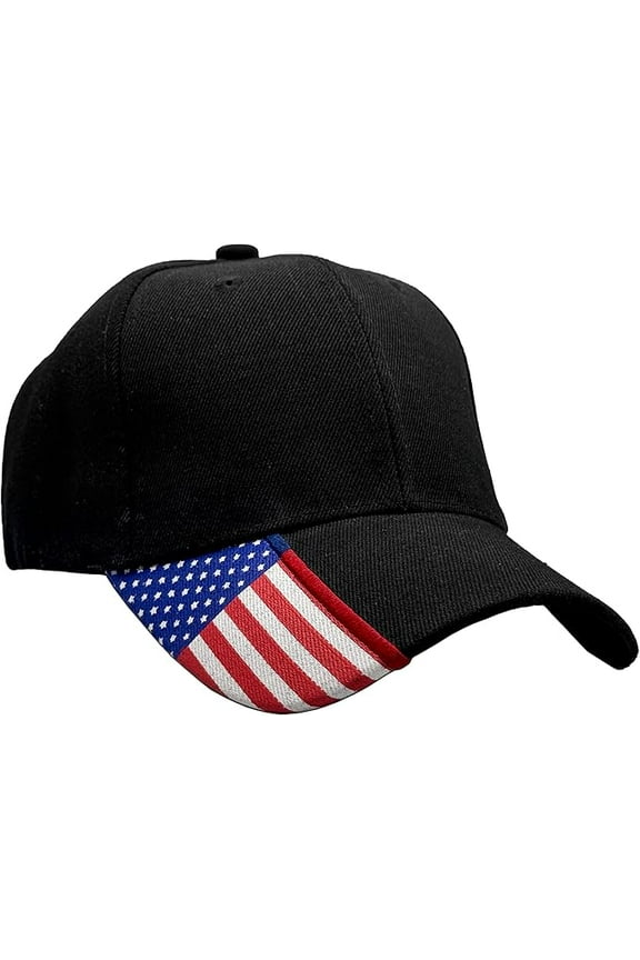Patriotic Black Baseball Cap Breathable Design w/American Flag Detail on Side and Adjustable Hook & Loop Strap