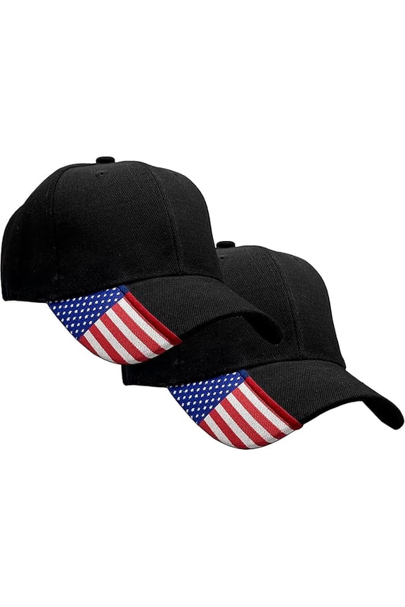 Patriotic Black Baseball Cap Breathable Design w/American Flag Detail on Side and Adjustable Hook & Loop Strap