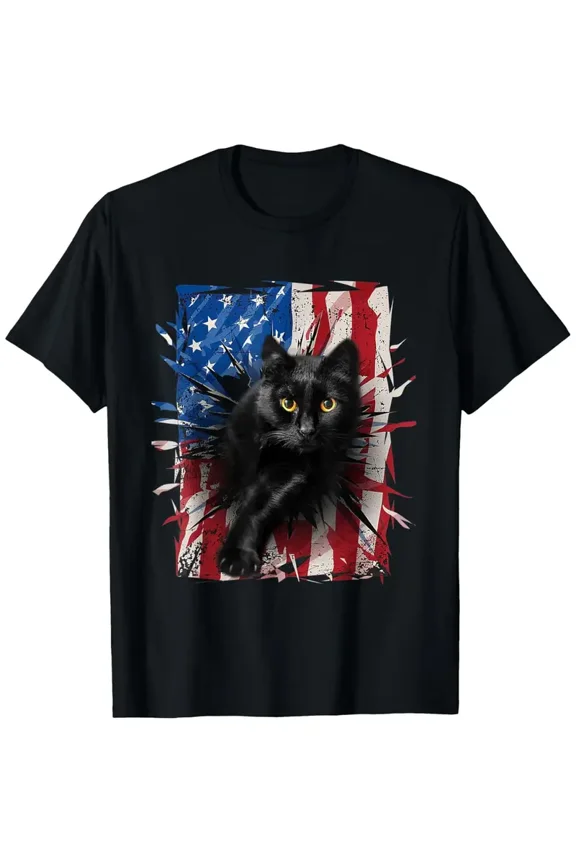 Patriotic Black Cat Torn American Flag 4th of July T-Shirt - Distressed USA Design with Torn Effect, All-Season Comfort, Lightweight & Washable, Casual & Outdoor Wear, Short