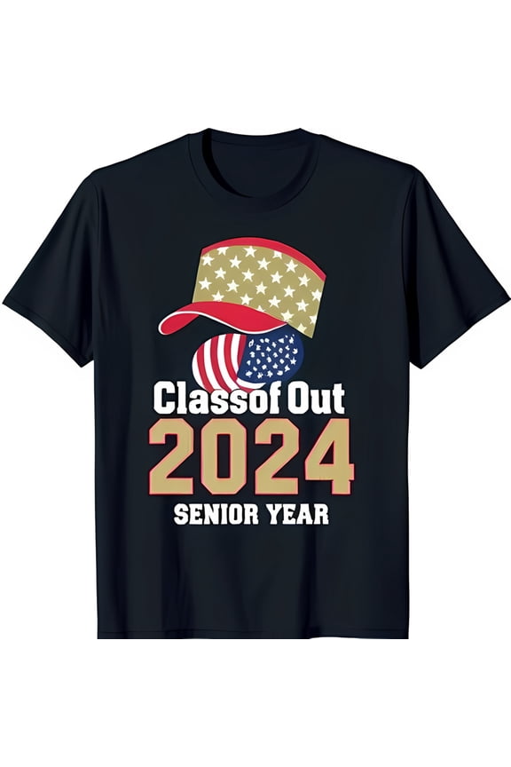 Patriotic Black T-Shirt for 2024 Graduates Festive Design with Stars Stripes & Bold Gold Text